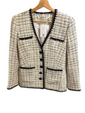 *Veronica Beard Albia Tweed Check Contrast Trim Collarless Button-Up Blazer Jacket, Size 0