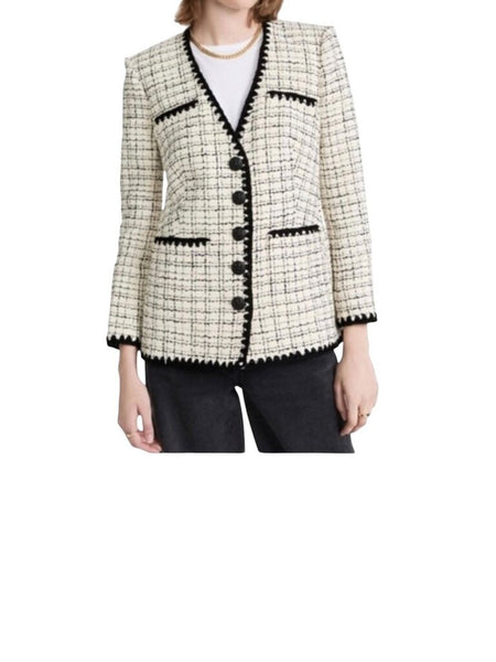 *Veronica Beard Albia Tweed Check Contrast Trim Collarless Button-Up Blazer Jacket, Size 0