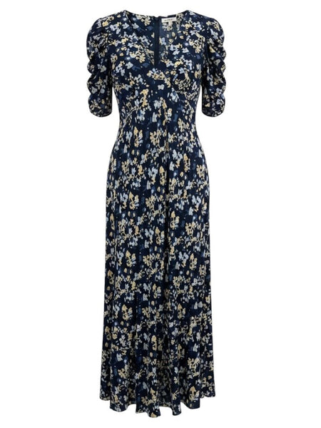 *NWT Rails Zariah Crepe Floral Ruched Short Sleeve V-Neck A-Line Midi Dress, Size S