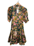 *Trovata Phoebe Cotton Floral Puff Sleeve V-Neck Button Up Tie Waist Mini Dress, Size XS