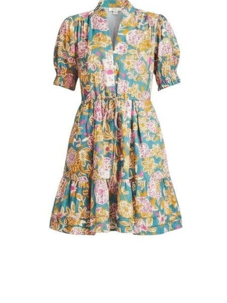 *Trovata Phoebe Cotton Floral Puff Sleeve V-Neck Button Up Tie Waist Mini Dress, Size XS