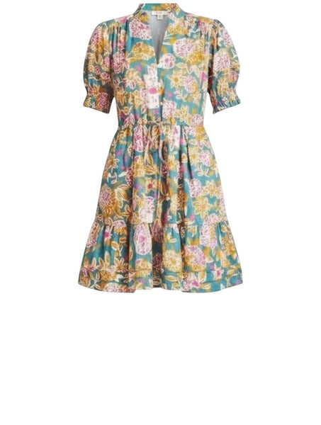 *Trovata Phoebe Cotton Floral Puff Sleeve V-Neck Button Up Tie Waist Mini Dress, Size XS