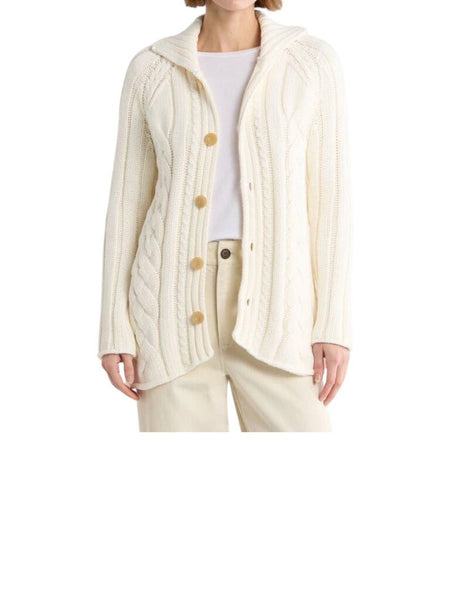 ^Frank & Eileen Cotswolds Cotton Chunky Cable Knit Collared Button-Up Cardigan Sweater, Size M