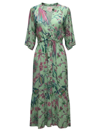 ^NWT Banjanan Betty Cotton Voile Floral Elbow Sleeve Ruffle Neck Button Front Maxi Dress, Size M