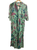 *NWT Banjanan Betty Cotton Voile Floral Elbow Sleeve Ruffle Neck Button Front Maxi Dress, Size M