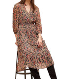 *Anthropologie Chiffon Floral Metalic Long Sleeve V-Neck Tie Waist Tiered Midi Dress, Size 6
