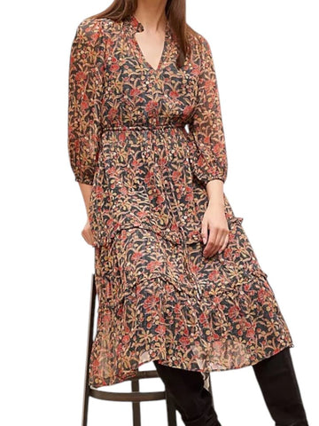 ^Anthropologie Chiffon Floral Metalic Long Sleeve V-Neck Tie Waist Tiered Midi Dress, Size 6