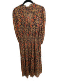 *Anthropologie Chiffon Floral Metalic Long Sleeve V-Neck Tie Waist Tiered Midi Dress, Size 6
