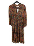*Anthropologie Chiffon Floral Metalic Long Sleeve V-Neck Tie Waist Tiered Midi Dress, Size 6
