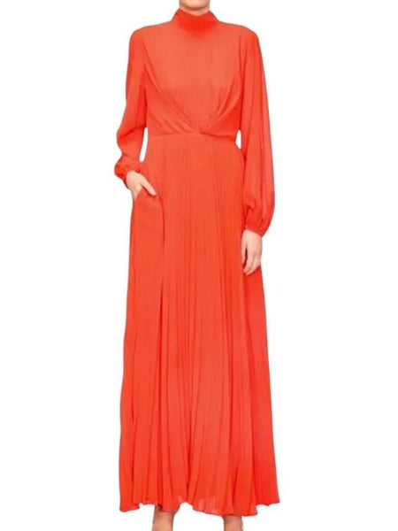 *Melloday Semi Sheer Chiffon Long Sleeve Mock Neck Open Back Pleated Dress, Size M