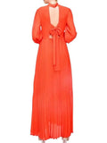 *Melloday Semi Sheer Chiffon Long Sleeve Mock Neck Open Back Pleated Dress, Size M