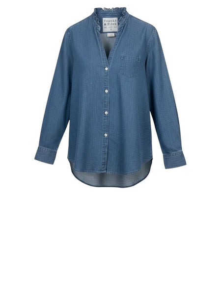 ^Frank & Eileen Eileen Fit Cotton Denim Intentionally Distressed Long Sleeve Ruffle Collar Shirt, Size M