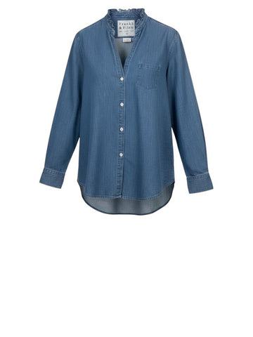 ^Frank & Eileen Eileen Fit Cotton Denim Intentionally Distressed Long Sleeve Ruffle Collar Shirt, Size M