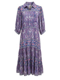 *BELL Cotton & Silk Block Print Elbow Balloon Sleeve Pointed Collar Tiered Popover Maxi Dress, Size L