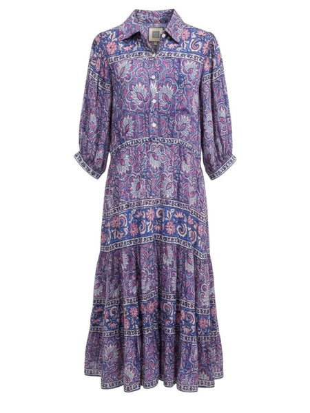 *BELL Cotton & Silk Block Print Elbow Balloon Sleeve Pointed Collar Tiered Popover Maxi Dress, Size L