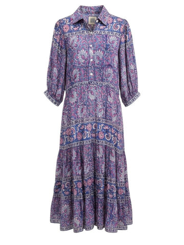 *BELL Cotton & Silk Block Print Elbow Balloon Sleeve Pointed Collar Tiered Popover Maxi Dress, Size L