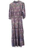 *BELL Cotton & Silk Block Print Elbow Balloon Sleeve Pointed Collar Tiered Popover Maxi Dress, Size L