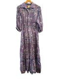 *BELL Cotton & Silk Block Print Elbow Balloon Sleeve Pointed Collar Tiered Popover Maxi Dress, Size L