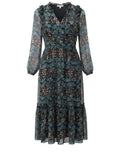 *Ulla Johnson Seraphina Silk Metallic Batik Blouson Sleeve Tie Split Neck Elastic Waist Midi Dress, Size 6