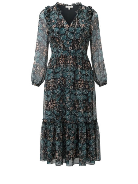 *Ulla Johnson Seraphina Silk Metallic Batik Blouson Sleeve Tie Split Neck Elastic Waist Midi Dress, Size 6