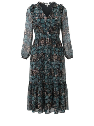 *Ulla Johnson Seraphina Silk Metallic Batik Flutter Sleeve Tie Split Neck Elastic Waist Midi Dress, Size 6