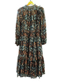 *Ulla Johnson Seraphina Silk Metallic Batik Blouson Sleeve Tie Split Neck Elastic Waist Midi Dress, Size 6