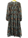 *Ulla Johnson Seraphina Silk Metallic Batik Blouson Sleeve Tie Split Neck Elastic Waist Midi Dress, Size 6