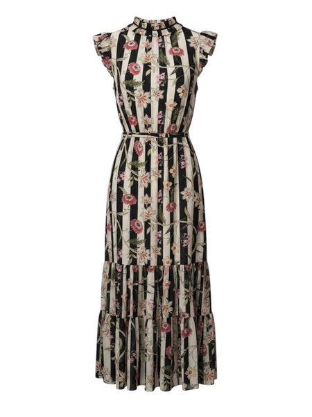 ^Caballero Claudia Cotton Voile Vine Stripe Ruffle Sleeve Zipper Split Neck Belted Tiered Midi Dress, Size M