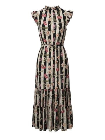 ^Caballero Claudia Cotton Voile Vine Stripe Ruffle Sleeve Zipper Split Neck Belted Tiered Midi Dress, Size M