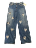 *Alice + Olivia Karrie Embellished Rhinestone Heart Cut-Outs High-Rise Wide Leg Jeans, Size 29 (8)