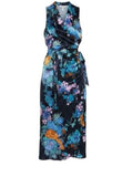 *Vince Printed Bouquet Floral Sleeveless V-Neck Draped Pleat Wrap Midi Dress, Size S
