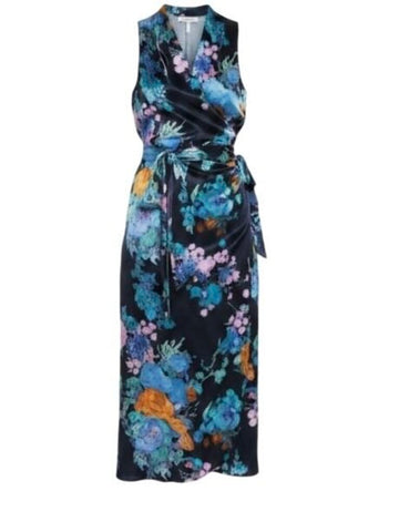 ^Vince Printed Bouquet Floral Sleeveless V-Neck Draped Pleat Wrap Midi Dress, Size S
