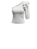 ^Veronica Beard Diantha Cotton Ribbed Jersey Poplin Ruffle 3/4 Sleeve One Shoulder Top, Size XS