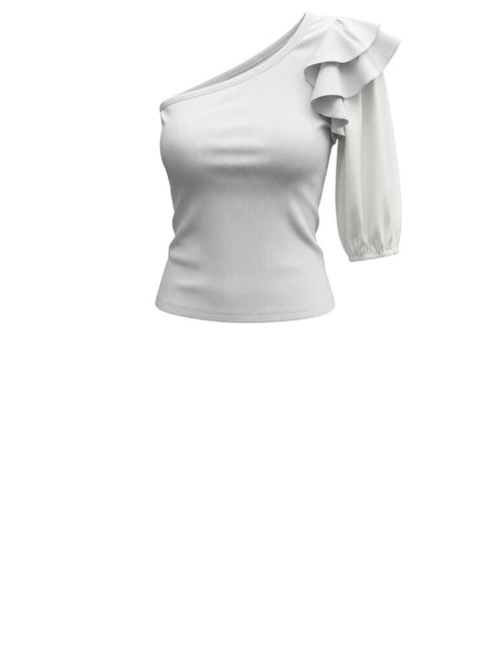 ^Veronica Beard Diantha Cotton Ribbed Jersey Poplin Ruffle 3/4 Sleeve One Shoulder Top, Size XS