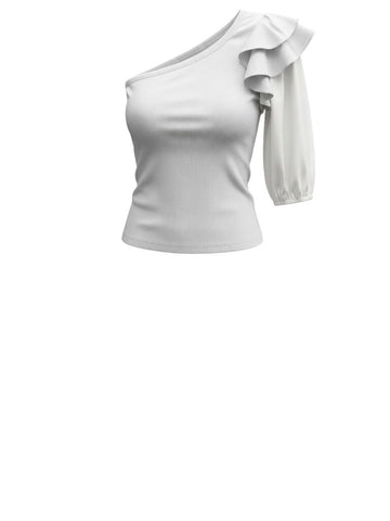 ^Veronica Beard Diantha Cotton Ribbed Jersey Poplin Ruffle 3/4 Sleeve One Shoulder Top, Size XS