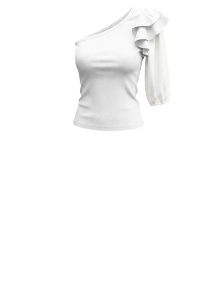 *Veronica Beard Diantha Cotton Ribbed Jersey Poplin Ruffle 3/4 Sleeve One Shoulder Top, Size XS