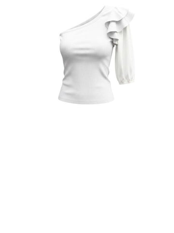 *Veronica Beard Diantha Cotton Ribbed Jersey Poplin Ruffle 3/4 Sleeve One Shoulder Top, Size XS