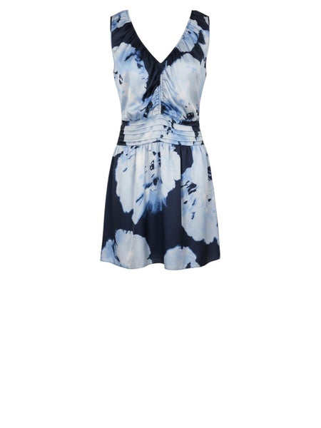 *Ramy Brook Ashlynn Satin Watercolor Sleeveless V-Neck Tucked Waistband Mini Dress, Size S