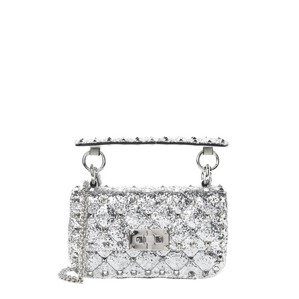 *Valentino Garavani Rockstud Glitter Beaded Leather Twist Lock Top Handle Chain Strap Crossbody Bag