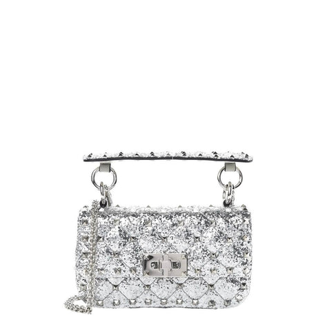 *Valentino Garavani Rockstud Glitter Beaded Leather Twist Lock Top Handle Chain Strap Crossbody Bag