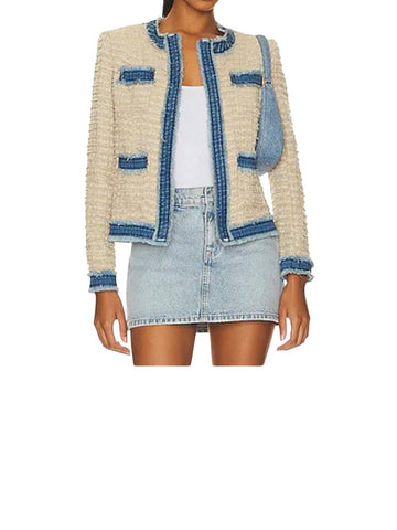 ^L'Agence Agnes Boucle Tweed Tipped Denim Trim Collarless No Closure Lady Jacket, Size S