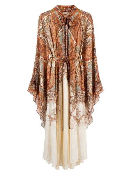 ^NWT Zimmermann Resort Rhiannon Tie Neck Ramie Paisley Long Sleeve Belted Caftan Midi Dress w/Slip, Size Z1=6