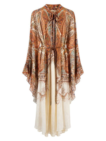 ^NWT Zimmermann Resort Rhiannon Tie Neck Ramie Paisley Long Sleeve Belted Caftan Midi Dress w/Slip, Size Z1=6