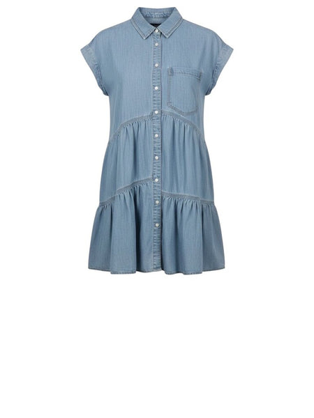 ^Veronica Beard Harrow Cotton Chambray Cap Sleeve Snap Front Tiered Mini Shirt Dress, Size 2 (XS)