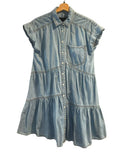 *Veronica Beard Harrow Cotton Chambray Cap Sleeve Snap Front Tiered Mini Shirt Dress, Size 2 (XS)