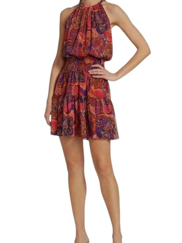 ^A.L.C. Cory Silk Paisley Sleeveless Halter Neck Smocked Waist Mini Dress, Size 4