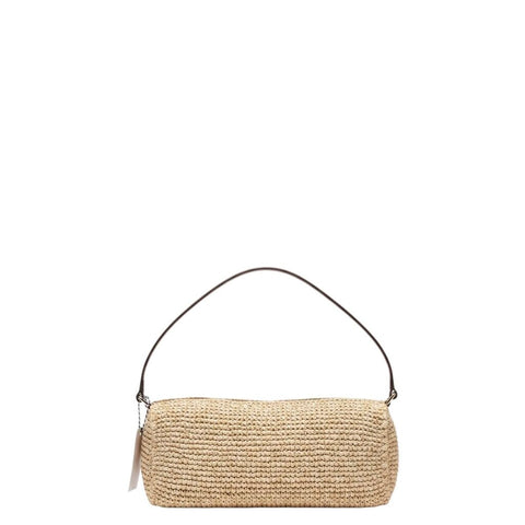 ^Staud Mini Taru Raffia Leather Trim East West Cylinder Zip Closure Shoulder Bag