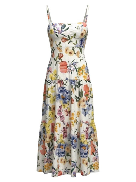 ^NWT Farm Rio Greek Garden Floral Linen Blend Beaded Cami Square Neck Tiered Maxi Dress, Size S
