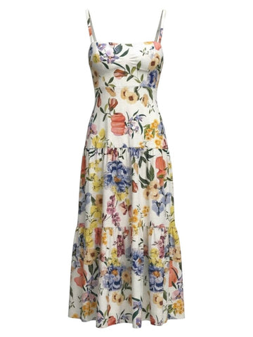 ^NWT Farm Rio Greek Garden Floral Linen Blend Beaded Cami Square Neck Tiered Maxi Dress, Size S