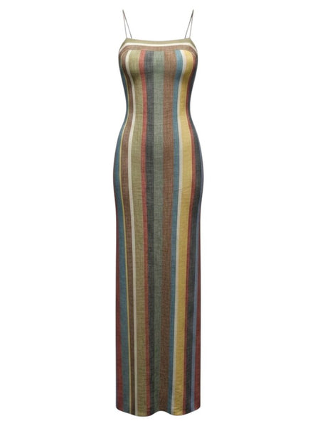 *Staud Laura Linen Vertical Stripe Cami Square Neck Maxi Column Dress, Size S